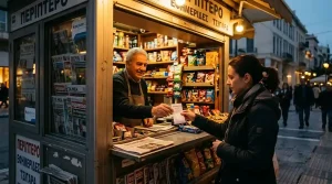 Πελάτης παραλαμβάνει εκτυπωμένο voucher Paysafecard στο ταμείο ελληνικού περιπτέρου
