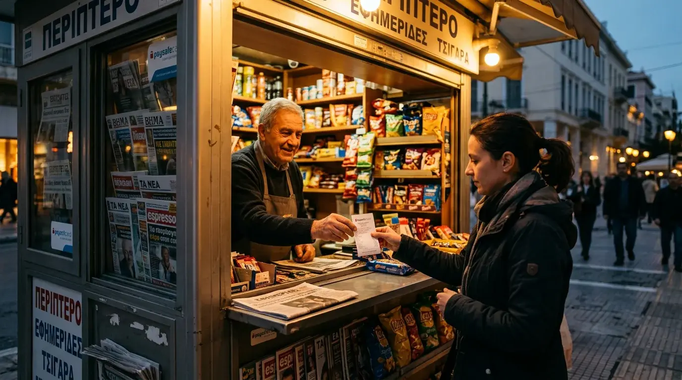 Πελάτης παραλαμβάνει εκτυπωμένο voucher Paysafecard στο ταμείο ελληνικού περιπτέρου