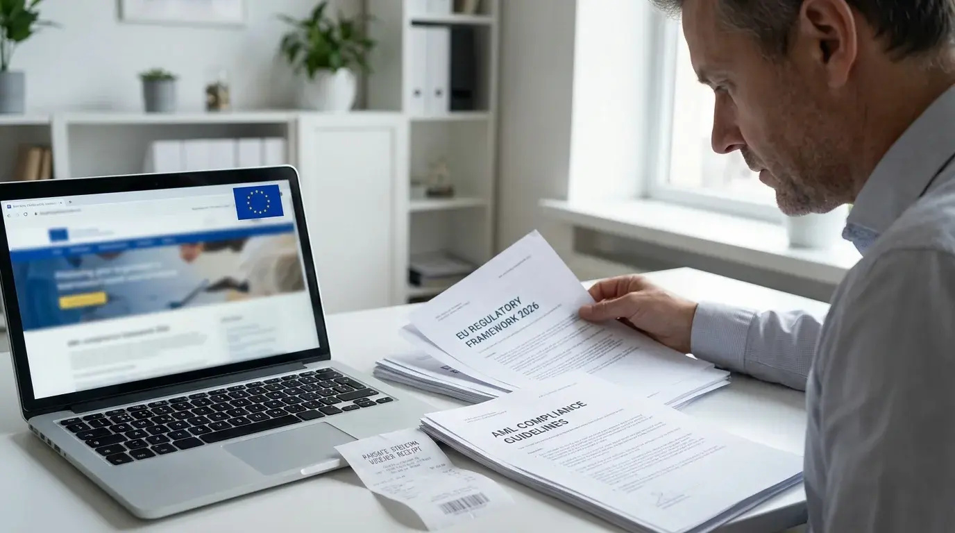 Επαγγελματίας μελετά έγγραφα AML 2026 με Paysafe voucher δίπλα σε laptop με ευρωπαϊκή σημαία