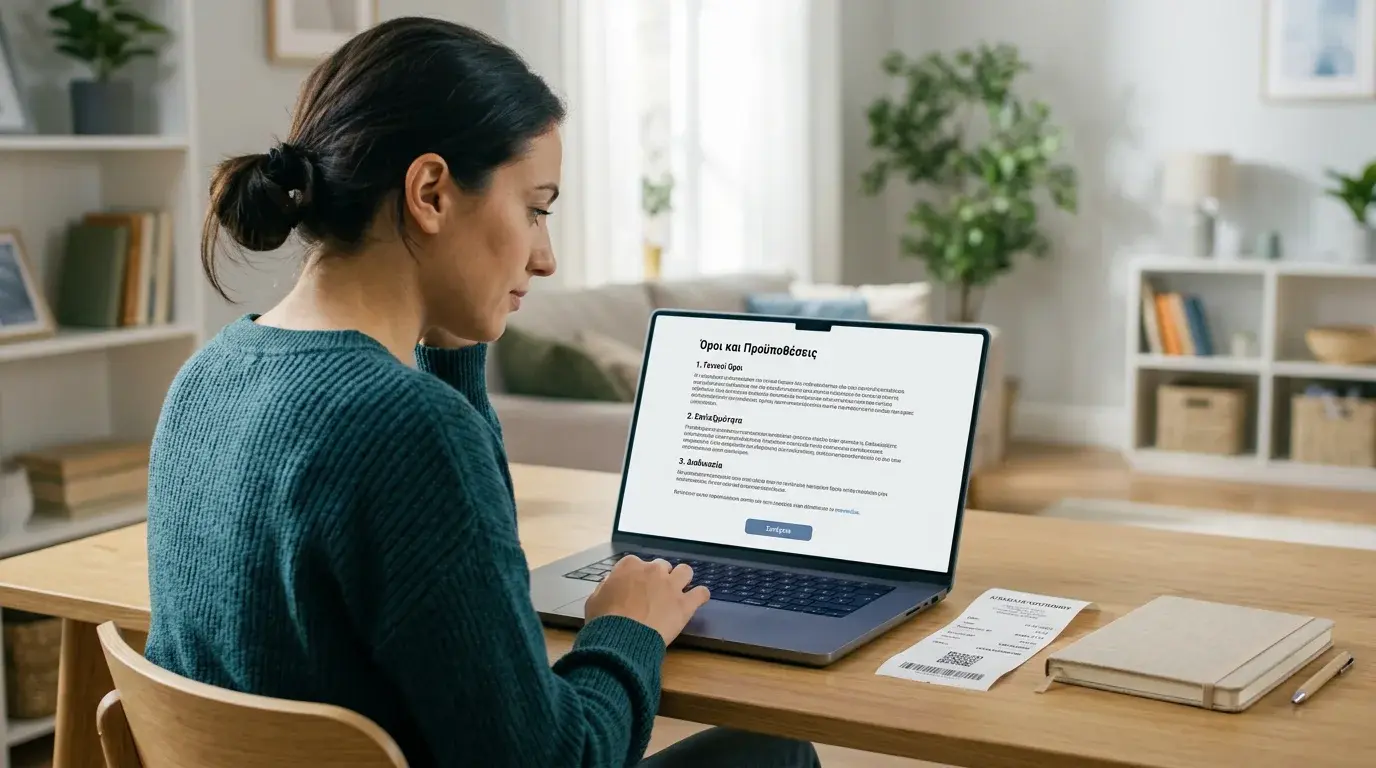 Παίκτης διαβάζει σε οθόνη laptop τους όρους και προϋποθέσεις bonus εγγραφής στοιχηματικής