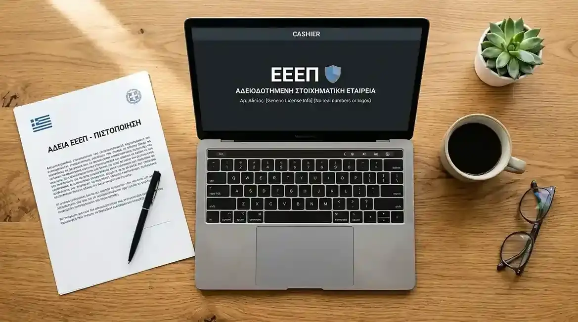 Επιφάνεια εργασίας με επίσημο έγγραφο άδειας ΕΕΕΠ και λάπτοπ ανοιχτό σε ελληνική στοιχηματική σελίδα