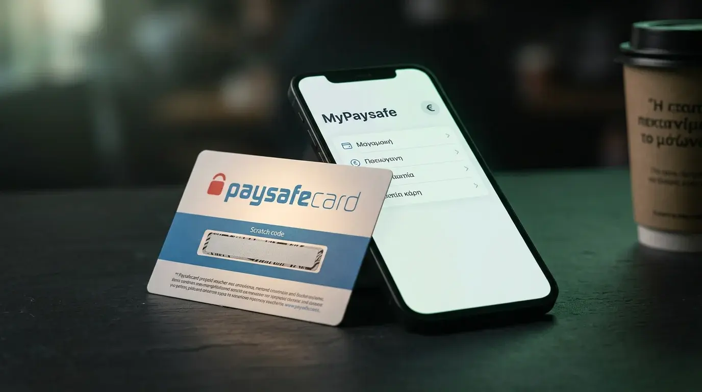 Paysafecard voucher με 16-ψήφιο PIN δίπλα σε κινητό με ανοιχτή την εφαρμογή MyPaysafe σε θέμα στοιχήματος