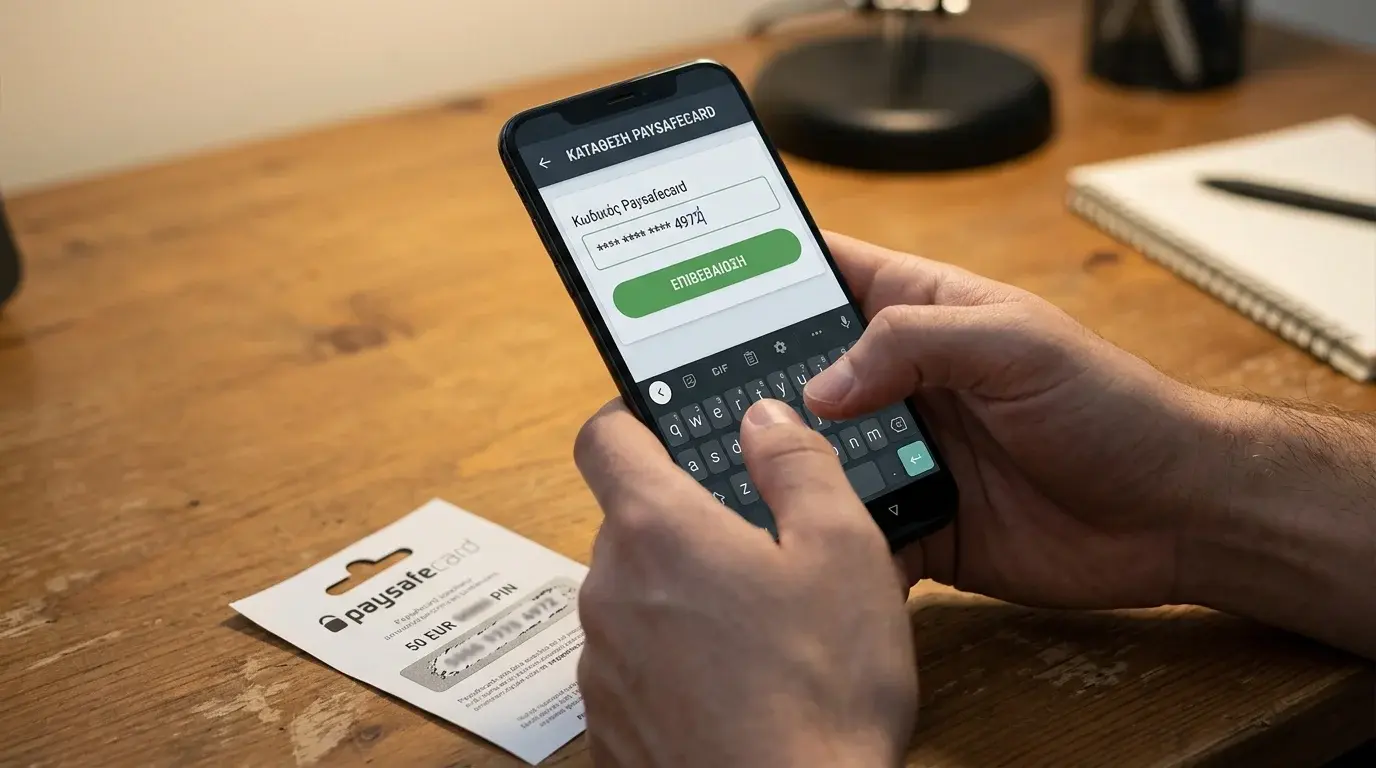 Παίκτης πληκτρολογεί 16-ψήφιο PIN της Paysafecard στο ταμείο ελληνικής στοιχηματικής σε κινητό