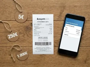 Voucher Paysafecard δίπλα σε δείκτη ορίων με τιμές 5€ και 1000€