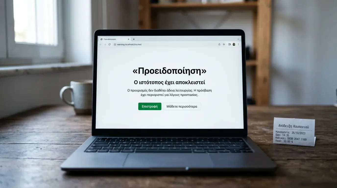 Οθόνη laptop με μήνυμα προειδοποίησης αποκλεισμού μη αδειοδοτημένης ιστοσελίδας στοιχημάτων