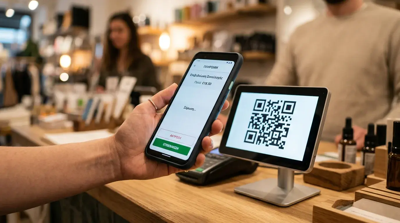 Σάρωση QR κωδικού πληρωμής σε κινητό από Paysafe app σε ελληνικό κατάστημα