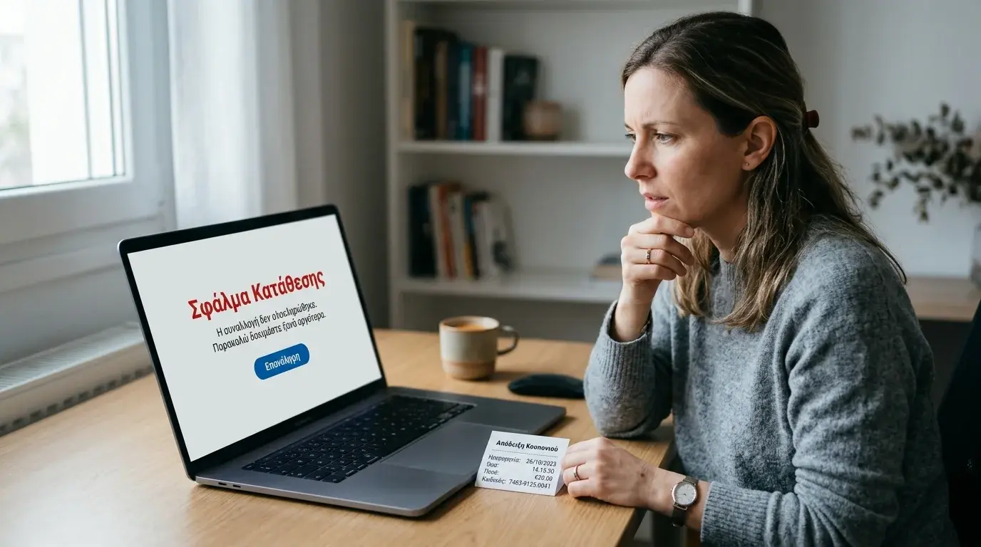 Παίκτης σε αμηχανία μπροστά σε laptop με μήνυμα αποτυχίας κατάθεσης Paysafe