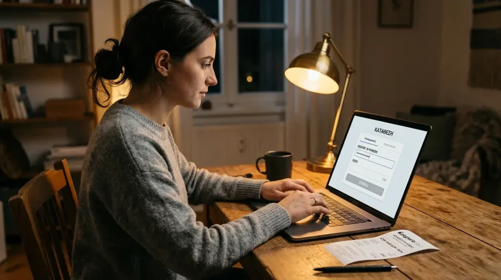 Παίκτης πληκτρολογεί κωδικό Paysafe σε laptop με ανοιχτό γενικό ταμείο στοιχηματικής