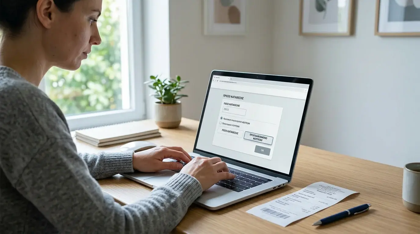Παίκτης σε γραφείο εργάζεται σε laptop με ανοιχτό γενικό ταμείο στοιχηματικής σε pre-paid κατάθεση