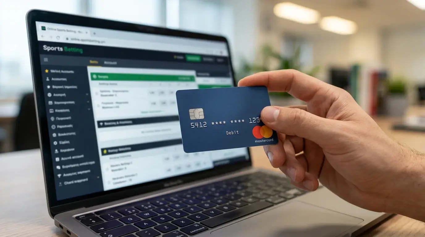 Πλαστική Mastercard τύπου prepaid σε χέρι παίκτη στοιχήματος μπροστά σε laptop