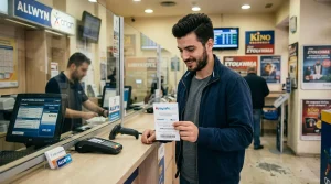Πελάτης σε πρακτορείο ALLWYN κρατάει voucher Paysafecard δίπλα σε γκισέ ταμείου