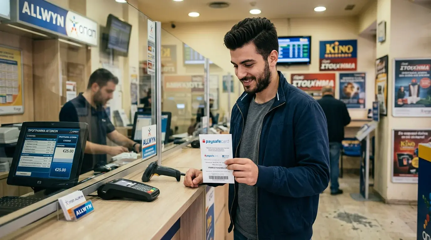 Πελάτης σε πρακτορείο ALLWYN κρατάει voucher Paysafecard δίπλα σε γκισέ ταμείου
