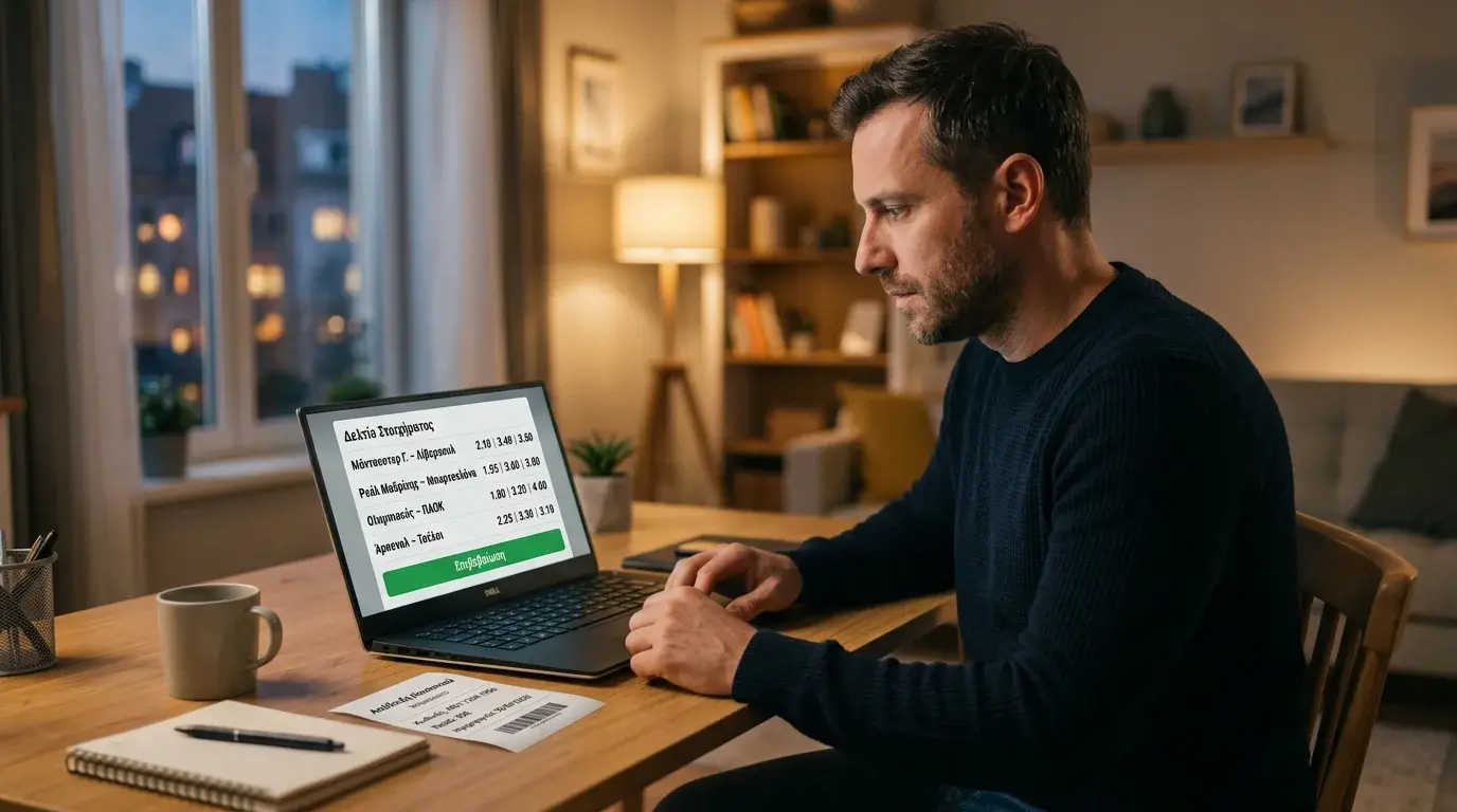 Στοιχηματιστής αθλητικών ελέγχει σε laptop ποδοσφαιρικό κουπόνι μετά από κατάθεση Paysafe