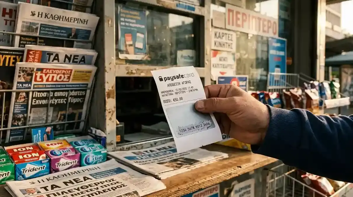 Φυσικό voucher Paysafecard με 16-ψήφιο PIN δίπλα σε ταμπλό περιπτέρου στην Ελλάδα