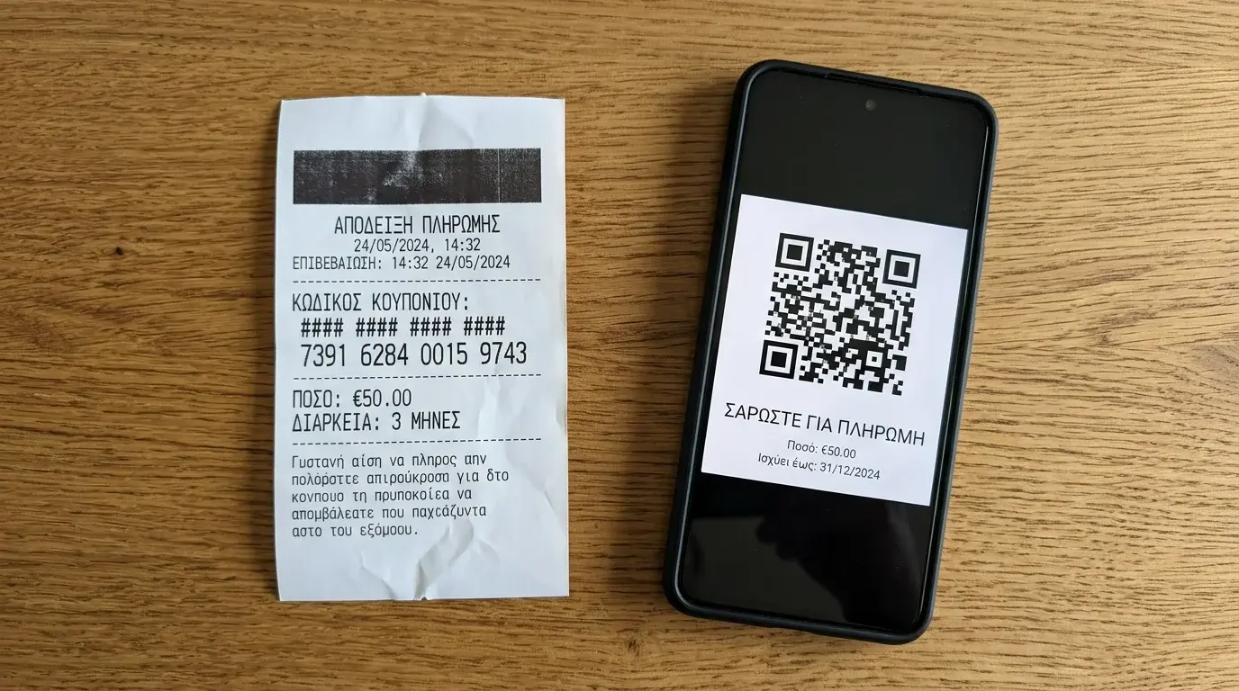 Δύο τύποι Paysafe — voucher χάρτινο και QR κωδικός σε κινητό — δίπλα δίπλα σε επιφάνεια