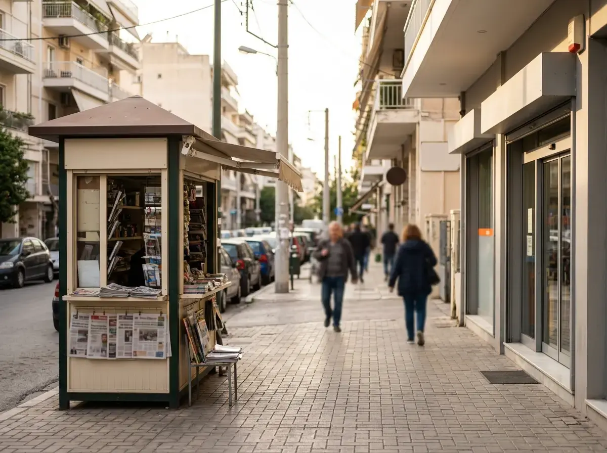 Δρόμος ελληνικής γειτονιάς με περίπτερο και supermarket όπου πωλούνται Paysafecard